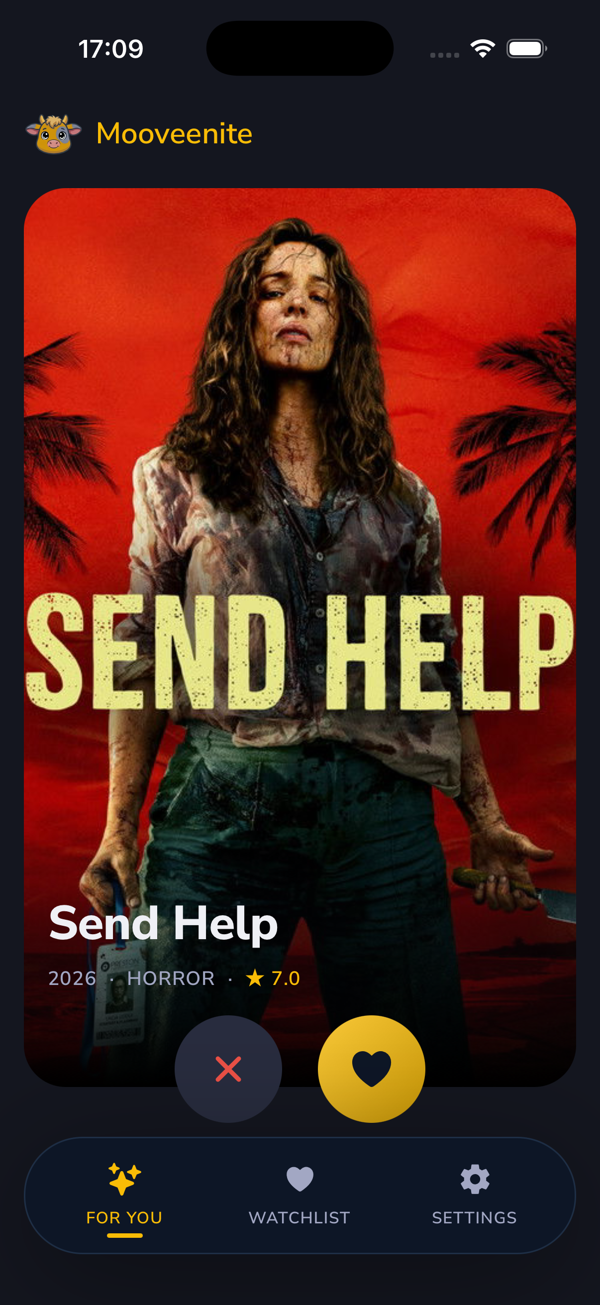 Mooveenite swipe screen showing a movie poster
