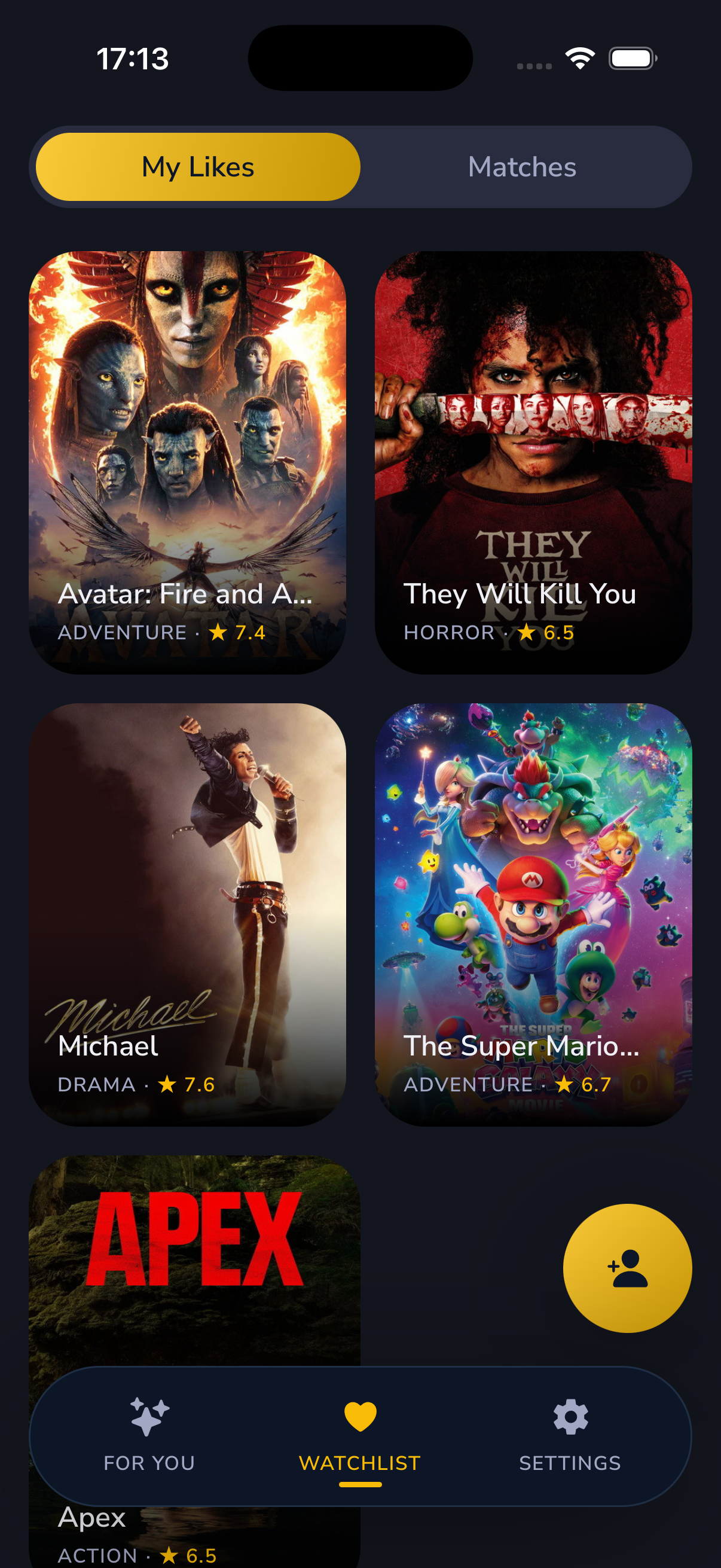 Mooveenite watchlist screen with liked movies